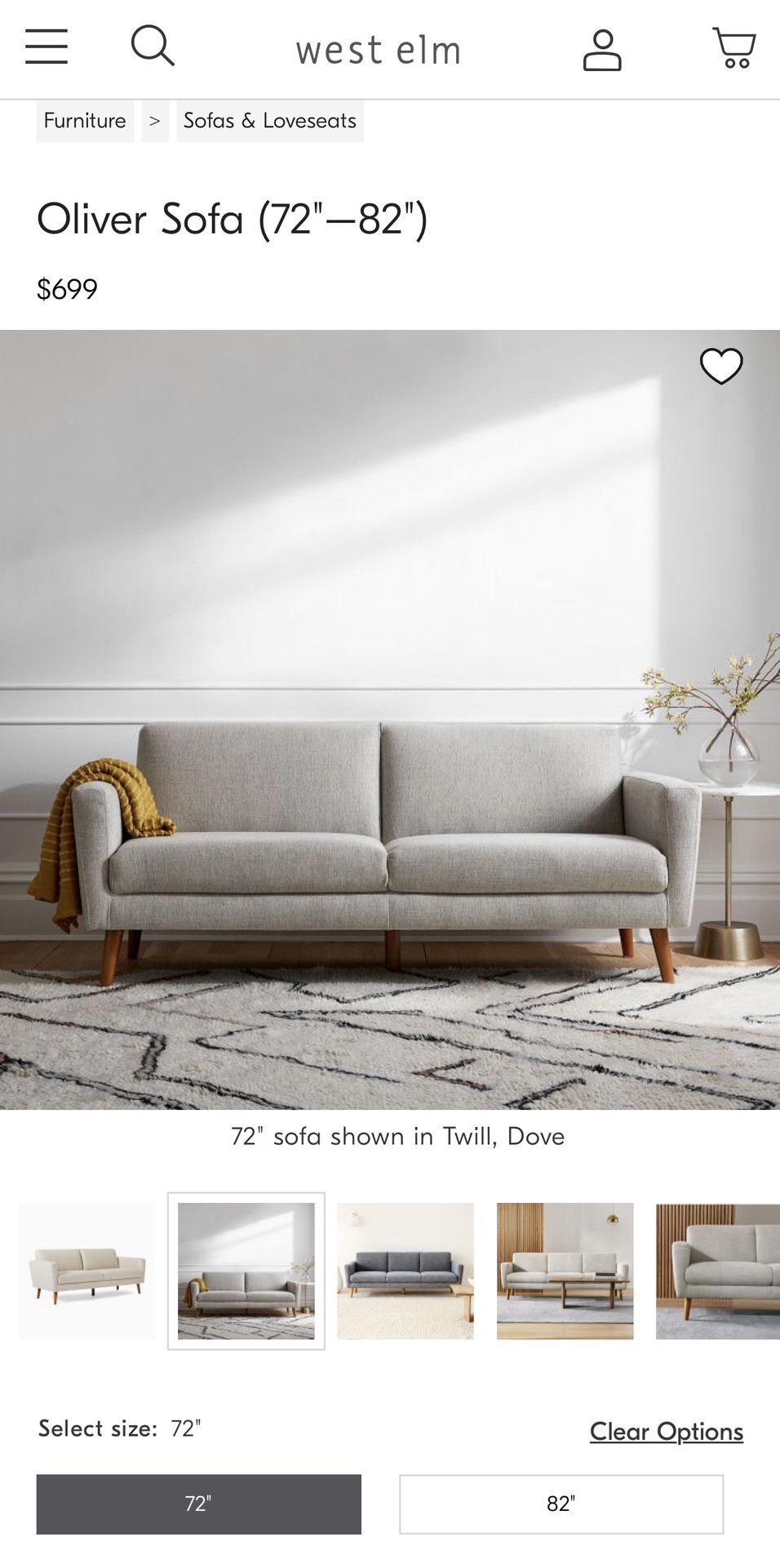 West Elm Oliver Sofa in Twill, Dove