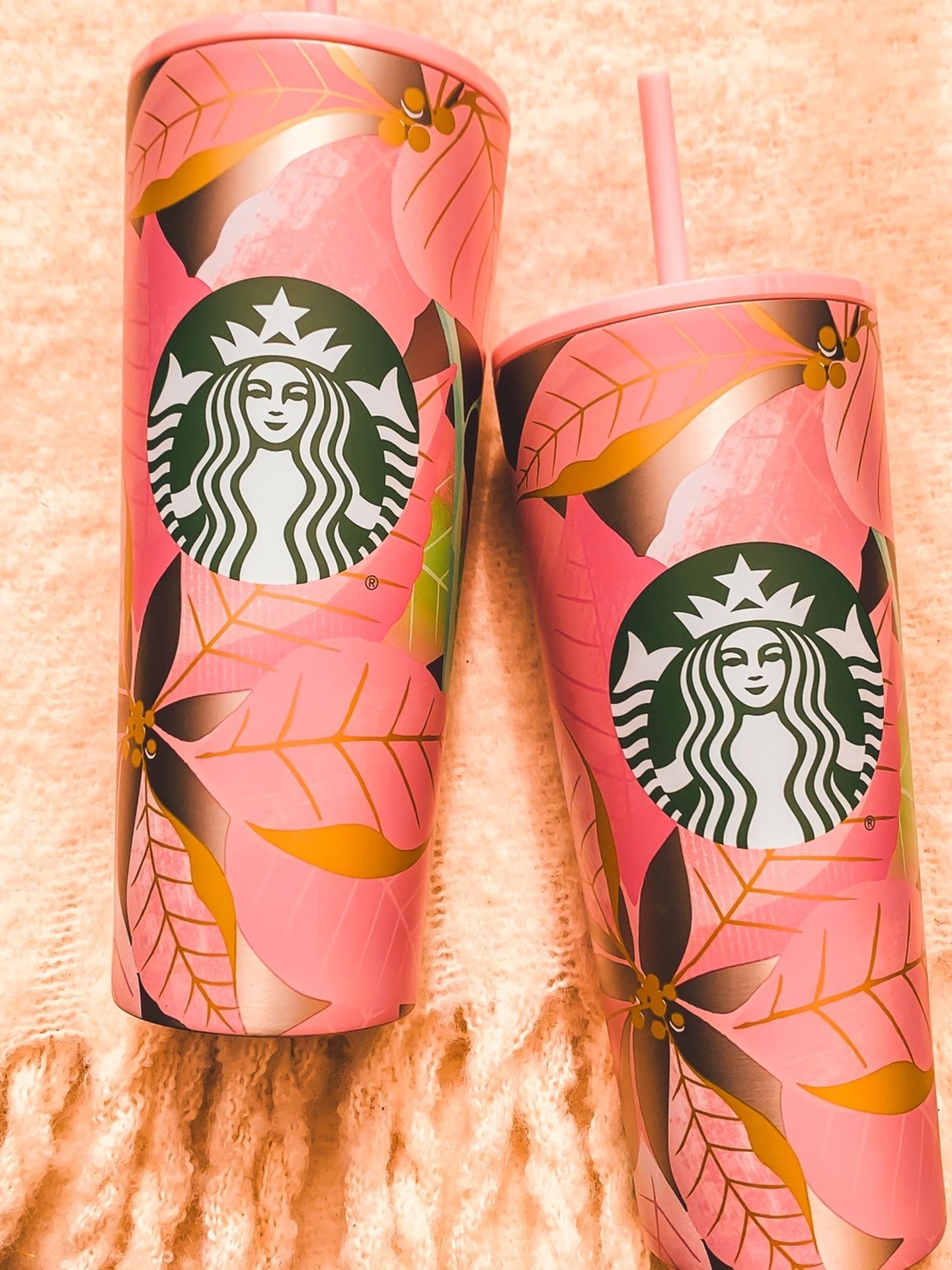 Pink And Gold Poinsettia Starbies tumblers !