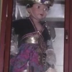 Vintage Antique Doll  With Glass Case 
