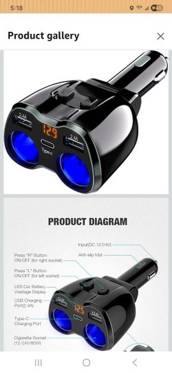 Otium USB C Car Charger, 2 Sockets Cigarette Lighter Splitter 12/24V 80W Dual USB Type-C Ports Separate Switch LED Voltage Display Built-in Replaceabl