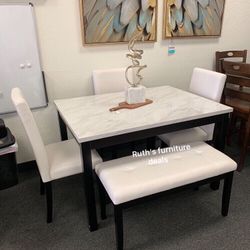 5-pc Dining Table Set White Faux Marble Table Top
