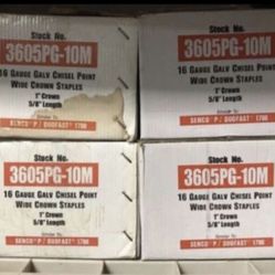 7 BOXES 16 GUAGE CHISEL POINT 1” WIDE CROWN STAPLES $90 for ALL
