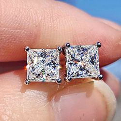 2.42 Carats Princess Cut Moissanite White Gold Plated Sterling Silver Earrings.
