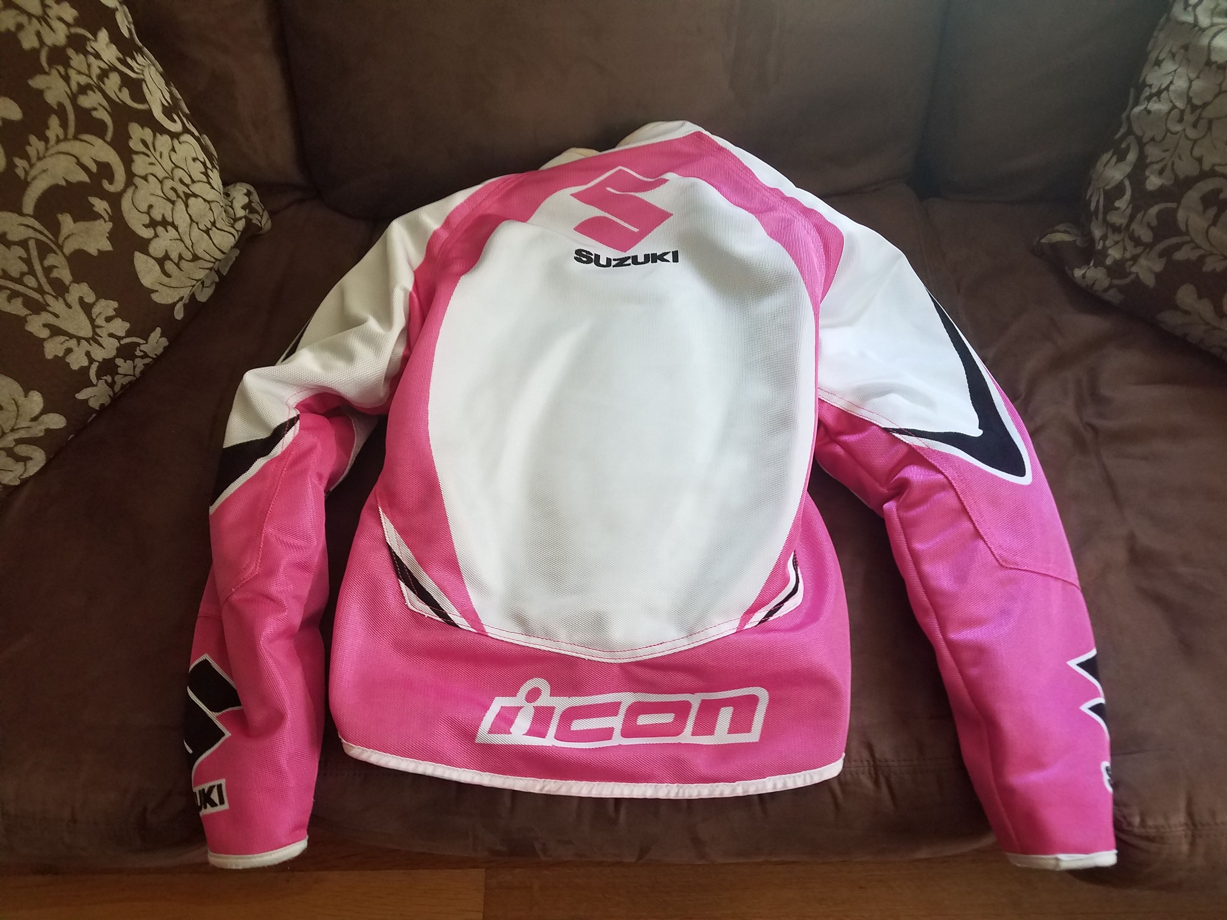 Icon Suzuki pink and white women's motorcycle jacket
