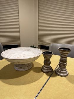 Large Wooden Bowl With Two Matching Candle Holders