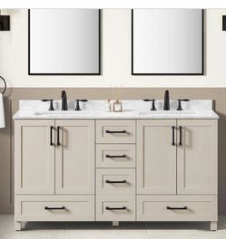 Glacier Bay Tobana 60 in. Double Sink Freestanding Beige Bath Vanity with White Engineered Marble Top