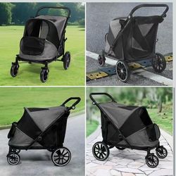 Kenyone Dog Stroller for Medium/Large Dogs, Extra Large Pet Stroller for 2 Dogs with Storage Pocket & Shock Absorption, Up to 130 lbs, Grey