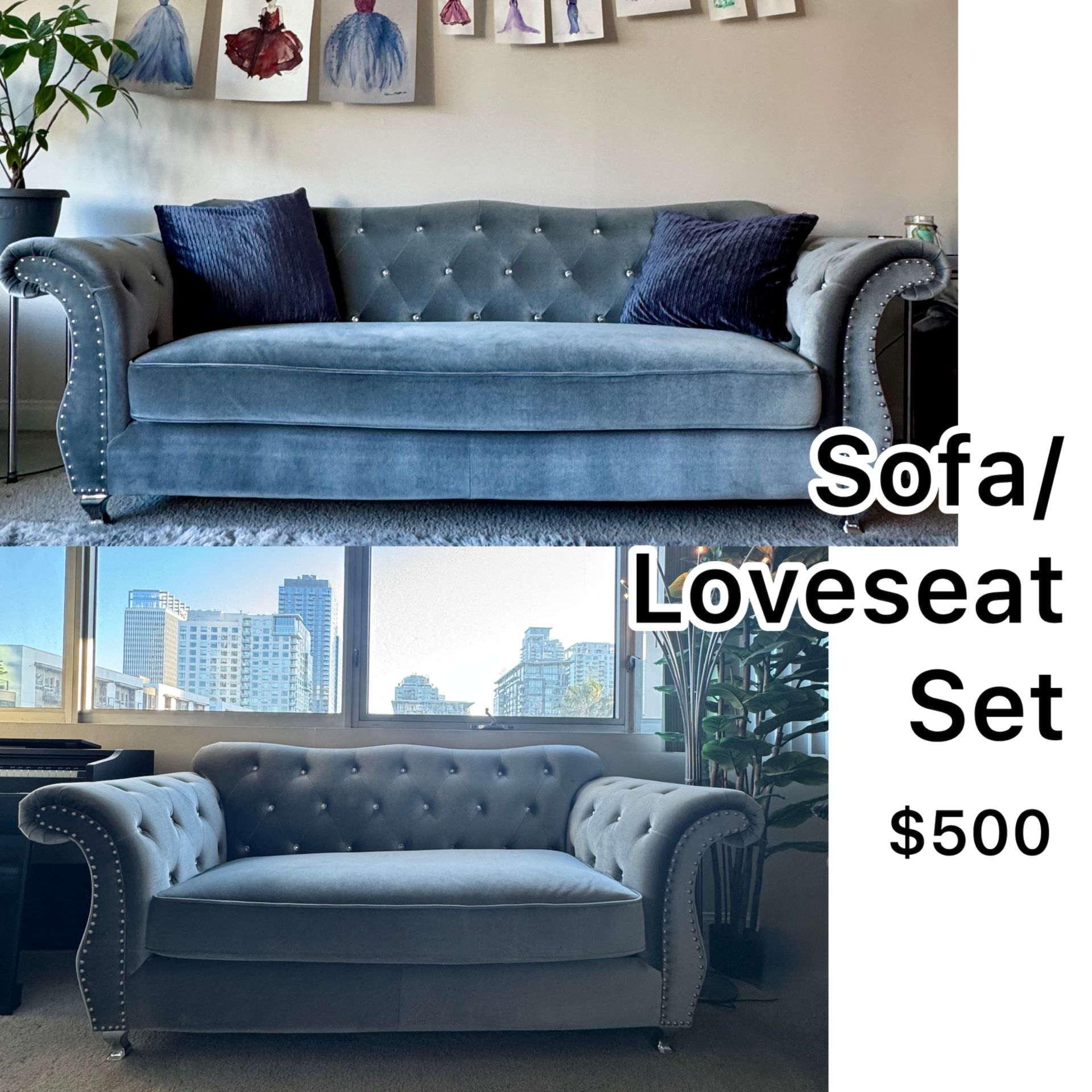 3-Seat Tufted Velvet Couch & Matching Loveseat Set