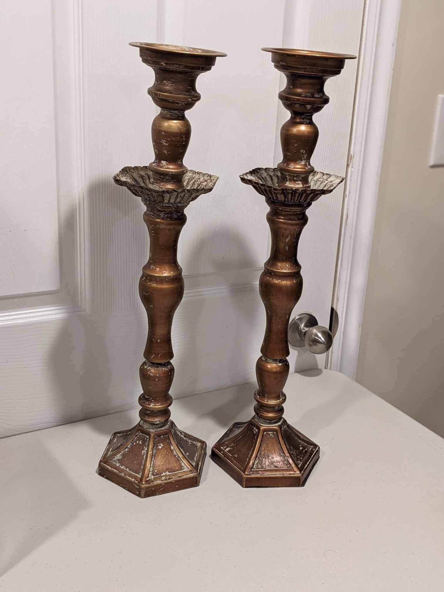 Incredible Pair Of Tall Distressed Bronze Pillar Candle Holders!