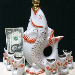 Ukrainian Soviet Porcelain Decanter 6 Glasses FISH with Kids Polonsky ZHK USSR 