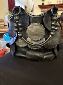 Black Leather Disc Design Hobo Bag – Statement Purse w/ Bead Handles