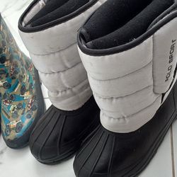 Snow boots kids size 1 and rain boots size 12