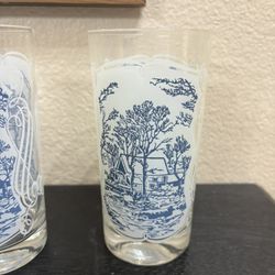 Currier & Ives Blue House Royal USA Stencil White Decal Drinking Glasses 