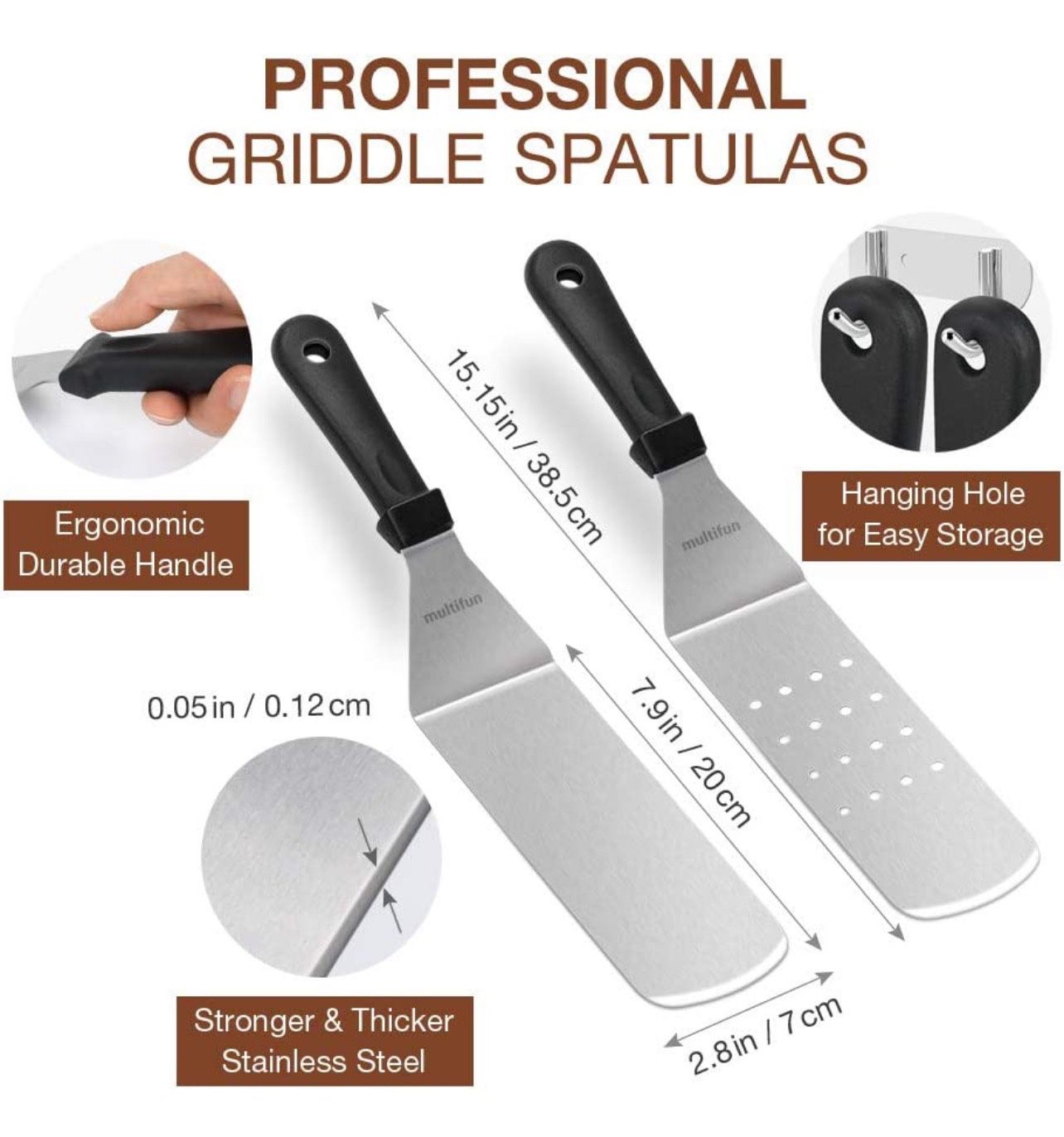 multifun Griddle Accessories Kit, 7-Pieces Exclusive Stainless Steel Griddle Tools Long/Short Spatulas Set - Commercial Grade Flat Top Grill Cooking K