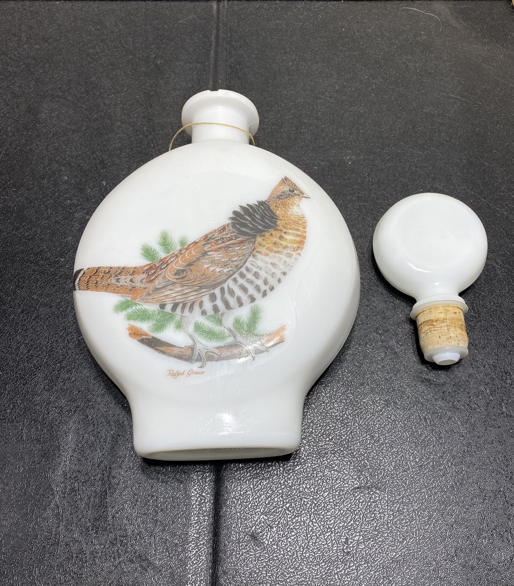 Ruffled Grouse Game Bird Milk Glass Decanter