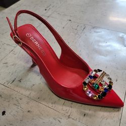Red Strass Buckle Patent Slingback Pumps Multicolor RHINESTONE EMBELLISH Heel 