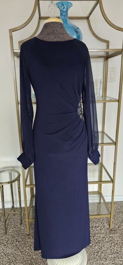 Elegant Navy Long Sleeve Evening Dress with Beaded Side Detail