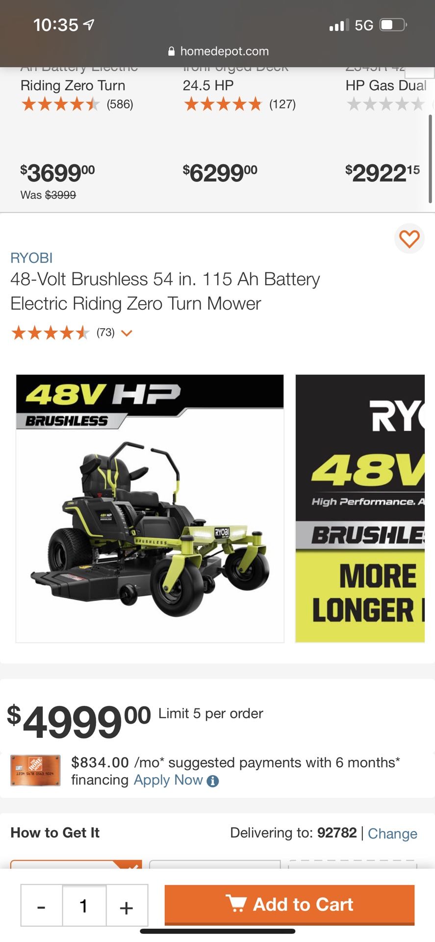 48-Volt Brushless 54 in. 115 Ah Battery Electric Riding Zero Turn Mower