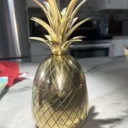 Solid Brass Gold Pineapple Trinket Container 2 Pieces Fruit Decor Made In India