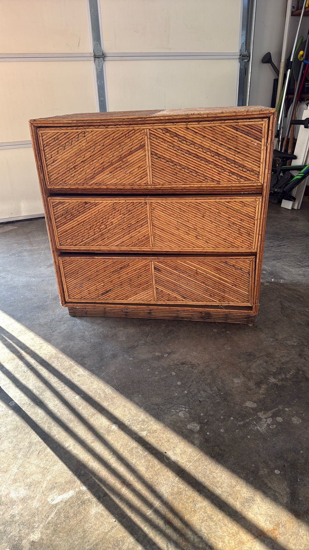 Modern Pencil Reed Chevron Rattan Nightstand Chest