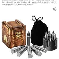 Whiskey Bullet Stones with Wooden Gift Set Box, Stainless Steel Whisky Rocks, Reusable ice Cube Metal Ice, Gifts for Men Dad, He and She, Father's Day