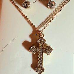 New 18 inch Cross Necklace With Earrings, Gold Color in Box.
