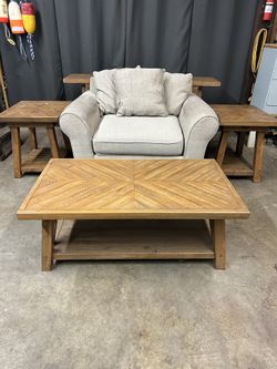 Solid Wood Coffee Table, 2 End Tables, Sofa Table and Chair