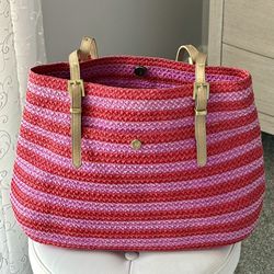 Eric Javits Pink and Red Woven Raffia Tote Bag