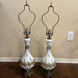 2 Vtg Milk Glass Ornate Brass Table Lamp Hollywood Regency Gold Floral Set Pair
