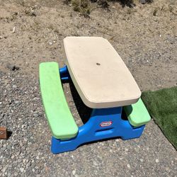 Little tykes picnic table for toddlers measuring 30 inches long by 28 inches wide and 18 inches high. The seat is 9 inches high.