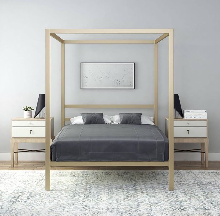 Modern Gold Metal Canopy Platform Twin Bed & Mattress