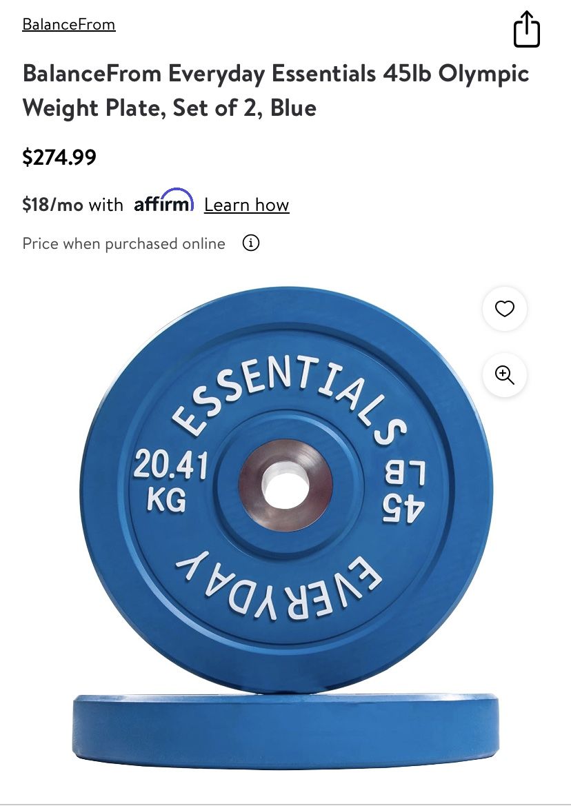 SET OF TWO BALANCE FORM EVERYDAY ESSENTIALS NEW 45LB BUMPER WEIGHT PLATE PAIR