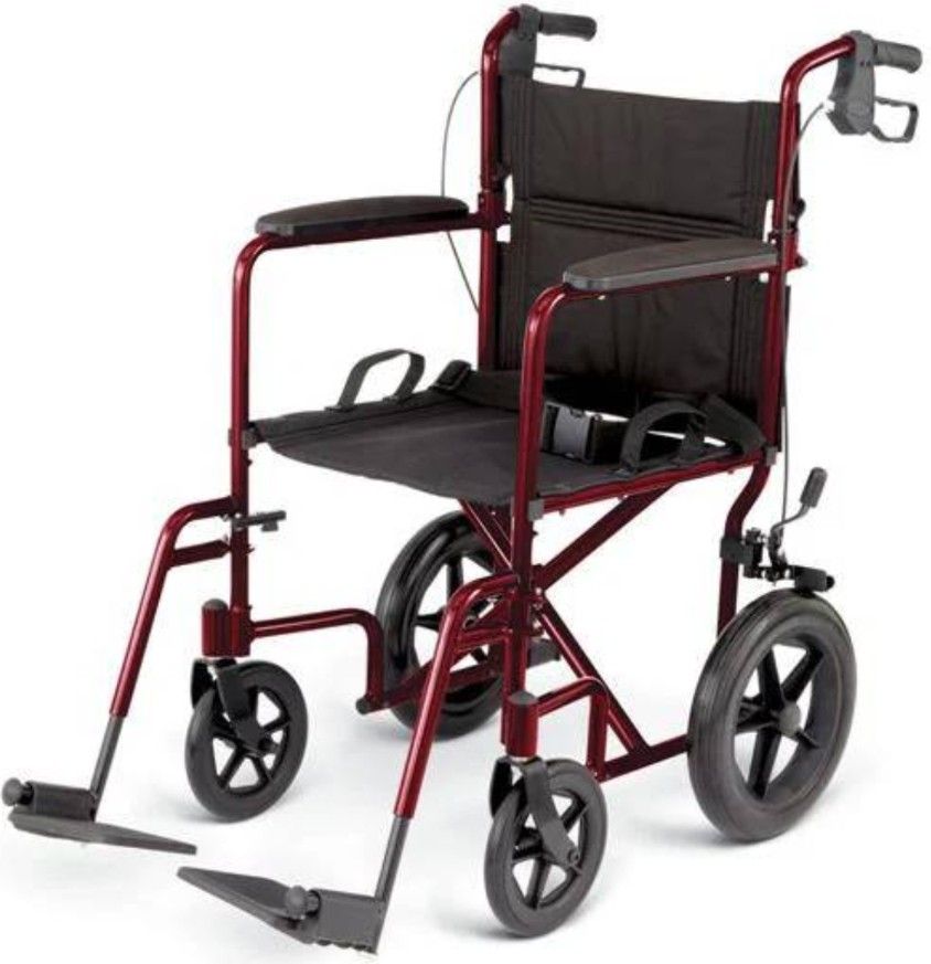 Deluxe Aluminum Transport Chair / Wheelchair in Red
