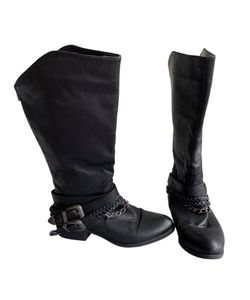 PIERRE DUMAS Boots Black Moto Buckles Chains Braided Straps Back Zip Size 9 EUC