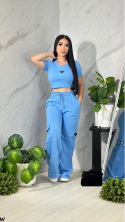 Prada Blue Crop Top and Cargo Pants Set