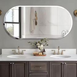 YSJ-XB169-83 Frameless Long Oval Bathroom Vanity Mirror Silver Glass Wall Decor Mirror with Beveled Edge for Bathroom Entryway