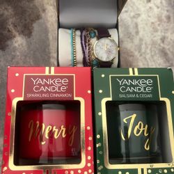 2 yankee candles and watch and bracelet set