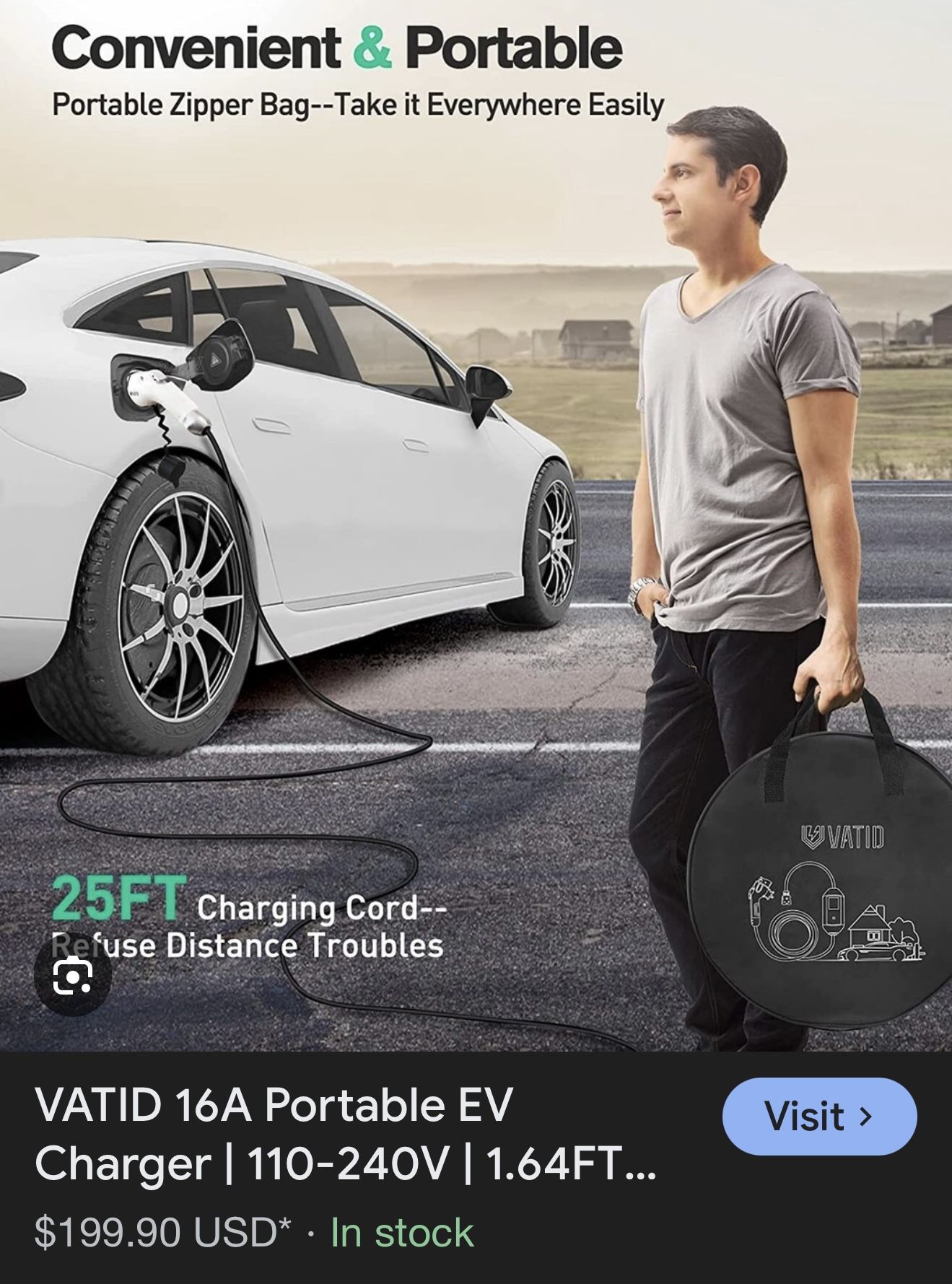VATID 16A Portable EV Charger,110-240V, 