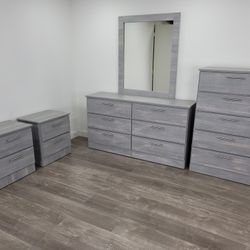 DRESSER WITH MIRROR , CHEST AND NIGHTSTANDS 
