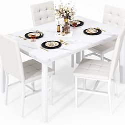 Dining Table Set for 4,Faux Marble Kitchen Table and Chairs Set of 4, Modern Dining Room Table Set for 4,Dinner Table with 4 Leather Chairs, Dinette S