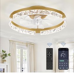 20 Inch Low Profile Ceiling Fans with Lights and Remote, Fandelier Ceiling Fan Flush Mount, 3000K-6000K Dimmable LED Fan Light, Gold Modern Ceiling Fa