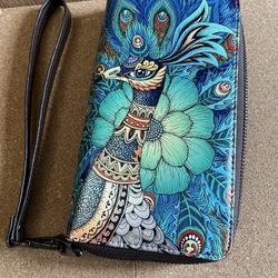 Colorful Peacock Print Wristlet Wallet 