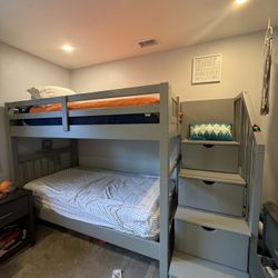 Grey Twin Over Twin Wood Bunk Bed With Stairway | Drawers | Storage