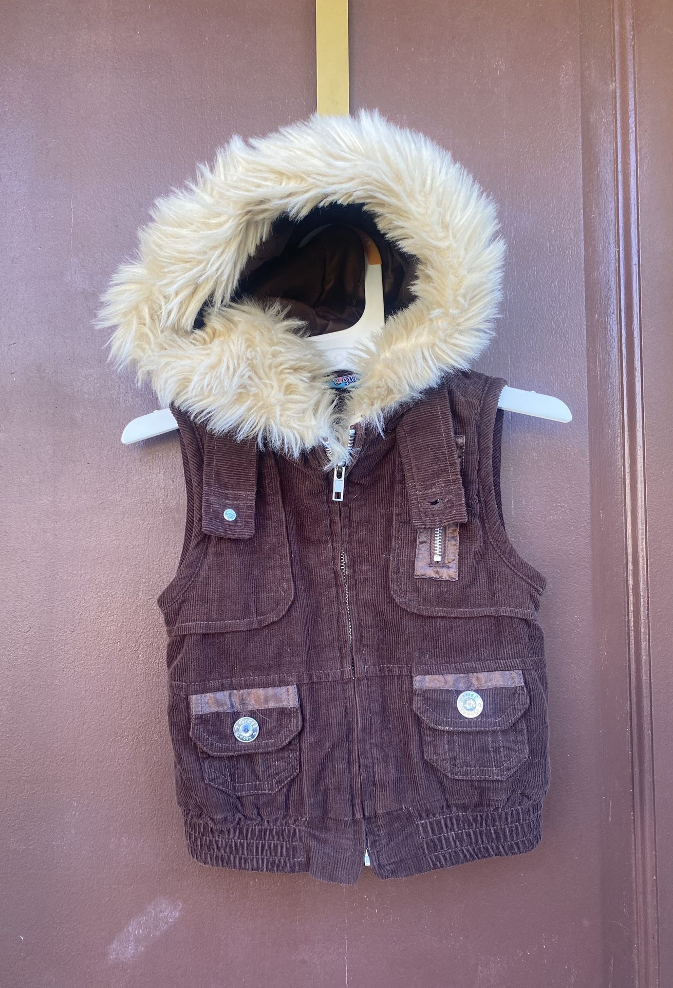 Corduroy Vest Brown Jacket With Faux Fur Hoodie 3T