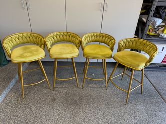 Set of 4 Green Velvet Bar Stools with Gold Legs