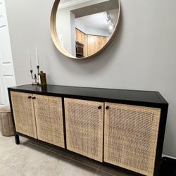 Wooden TV Stand Black and Cane-Front Cabinet