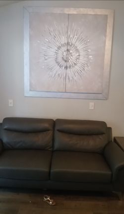 Gray two piece livingroom set with two end tables and coffee table, with huge wall picture all in great condition