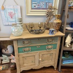 Antique Cabinet on Wheels – Seagull Grey with Persian Blue & Patina Green Drawers Antiqued Finish