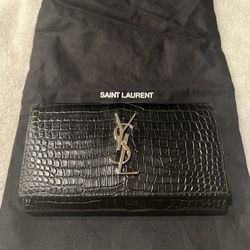 Saint Laurent Black Wallet Crocodile Embossed Monogram Flap