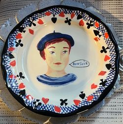 ANTHROPOLOGIE Hand-Painted Ceramic Decorative Plate Bonsoir